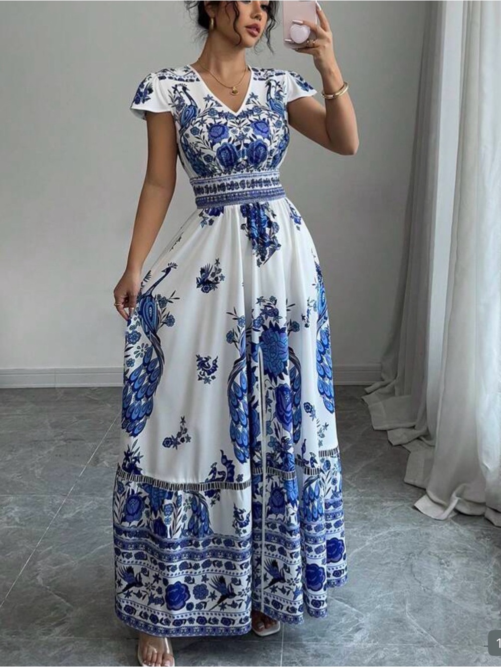 White & Blue Floral V-Neck Maxi Dress